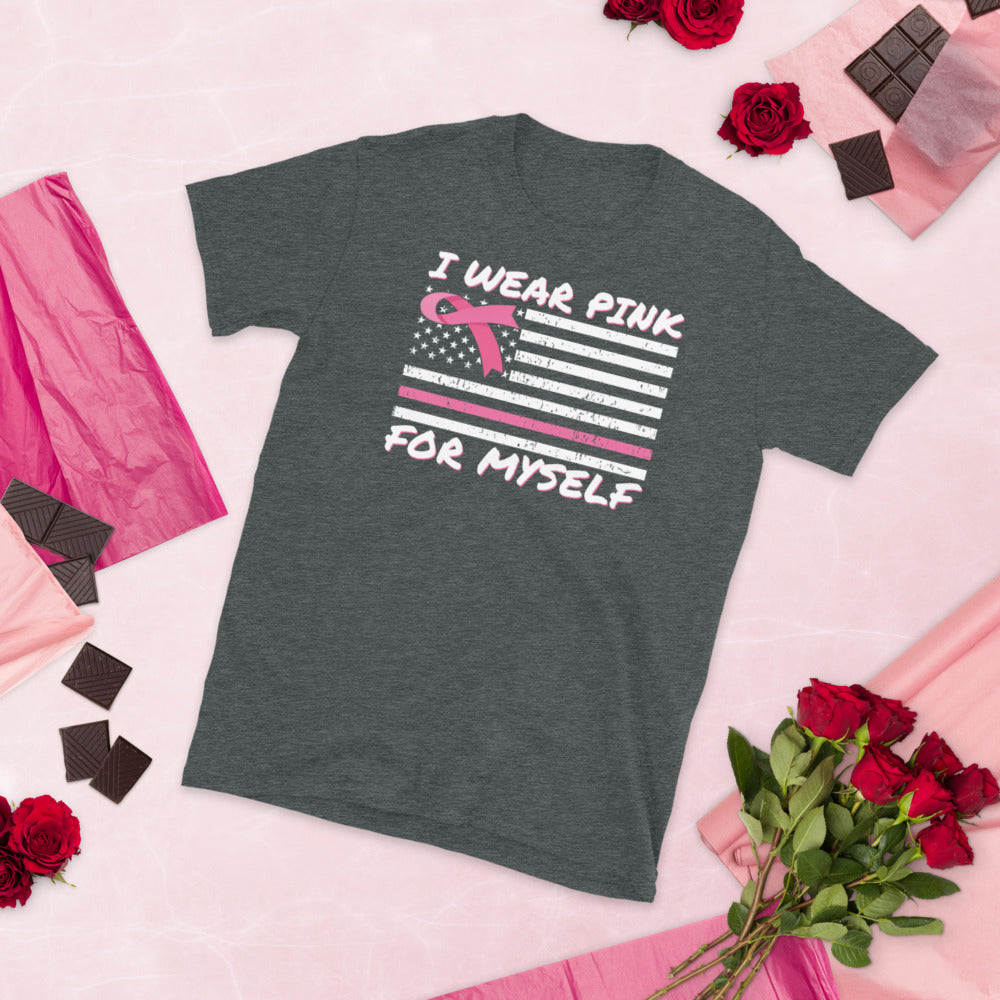 I wear pink for myself, Breast cancer awareness shirt, Family Cancer Shirt, Breast Cancer Awareness Month, Pink Ribbon American Flag Shirt - Madeinsea©