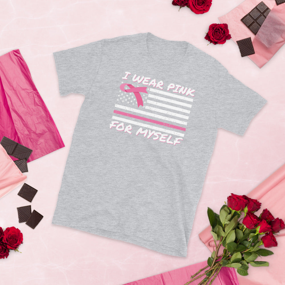 I wear pink for myself, Breast cancer awareness shirt, Family Cancer Shirt, Breast Cancer Awareness Month, Pink Ribbon American Flag Shirt - Madeinsea©