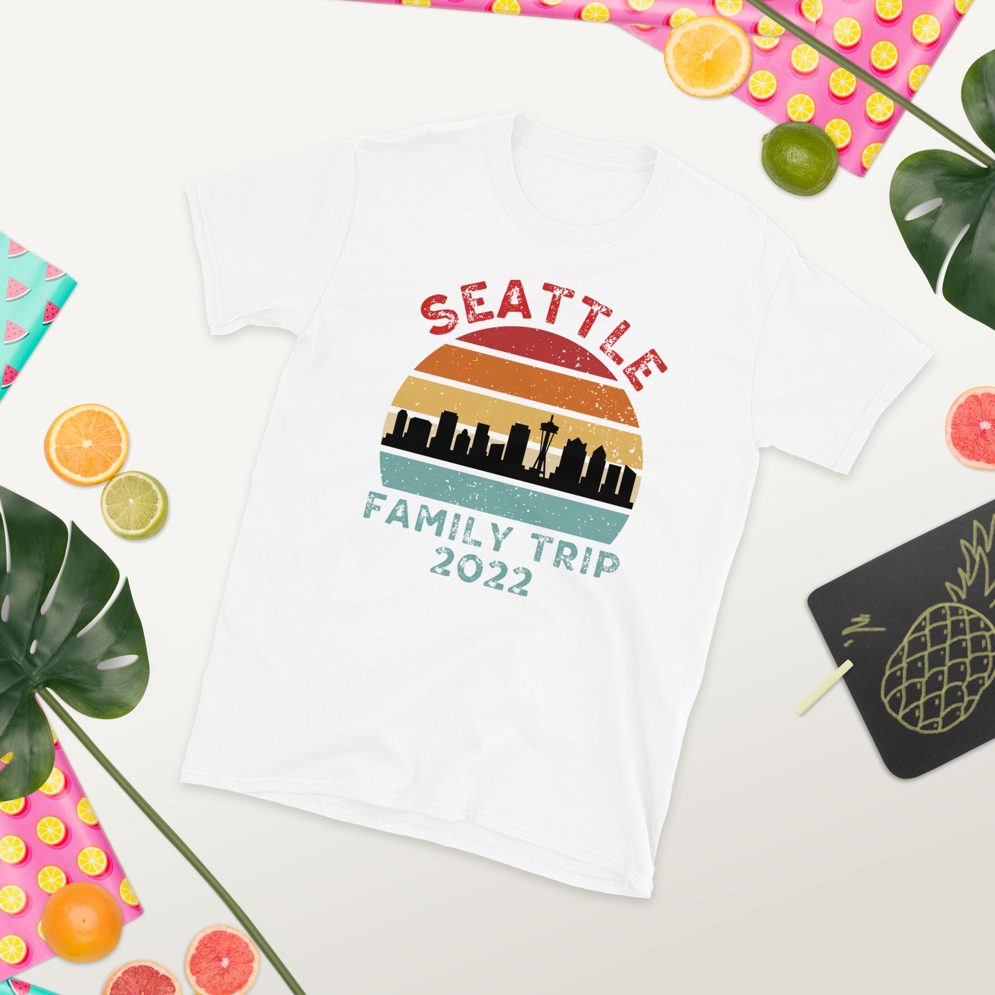 T-shirt de voyage en famille à Seattle 2022, horizon rétro vintage de Seattle, t-shirt de vacances d'été à Seattle, chemises familiales assorties, cadeau de l'État de Washington